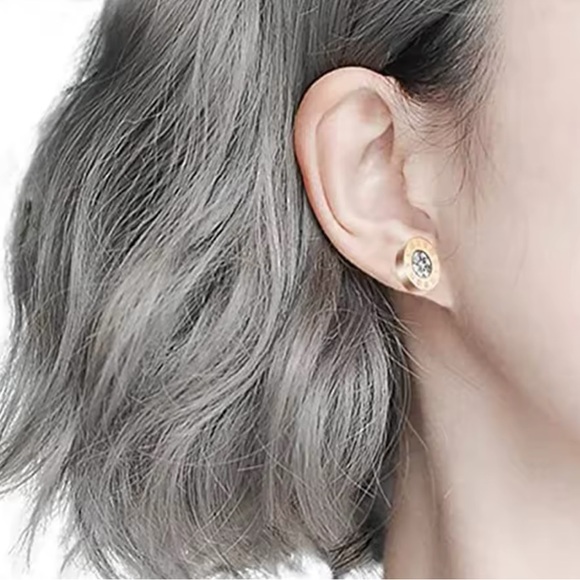 Gold Roman Numeral Stud Earrings - Picture 2 of 2